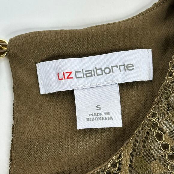 Liz Claiborne Moss Green Short Puff Sleeve Keyhole Lace Blouse Womens Size Small - Picture 6 of 8